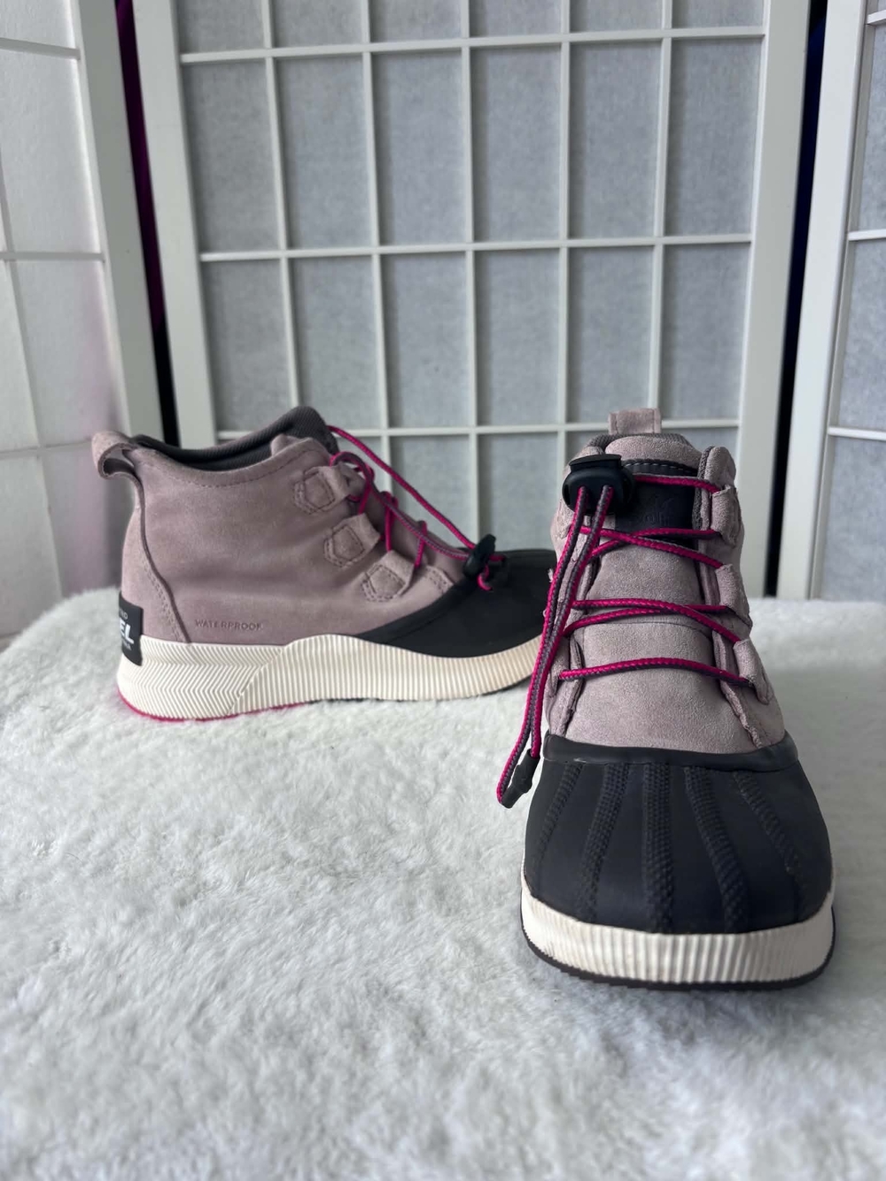 Sorel Women's Pink Waterproof Duck Boots with Black Toe and Magenta Laces